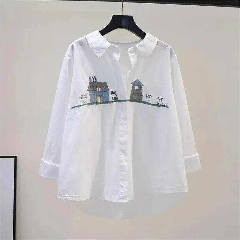 Trendy Embroidery Blouses Women Cotton Shirt Cartoon Top For Women Doll Neck Loose Long-sleeved Cardigan Shirt Female Blous